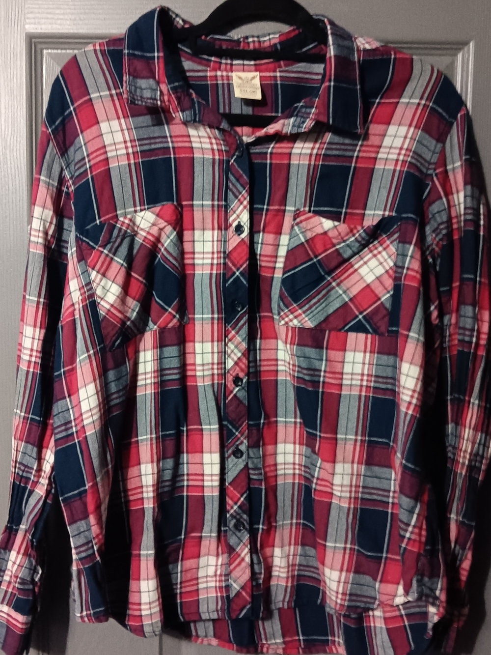 Faded Glory Red, Navy & White Plaid Button-Down Shirt - Picture 2 of 7